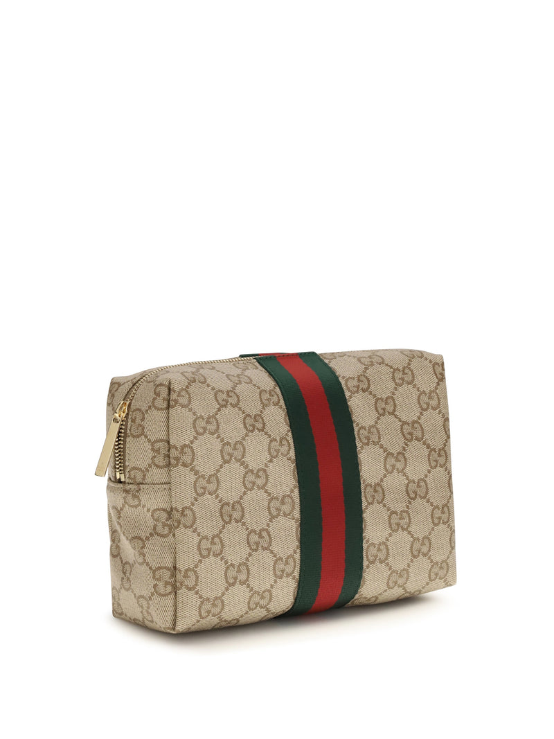Gucci Gg Monogram With Web Stripe Beauty Case — Beige Cotton; Linen; Polyurethane Travel Wallets