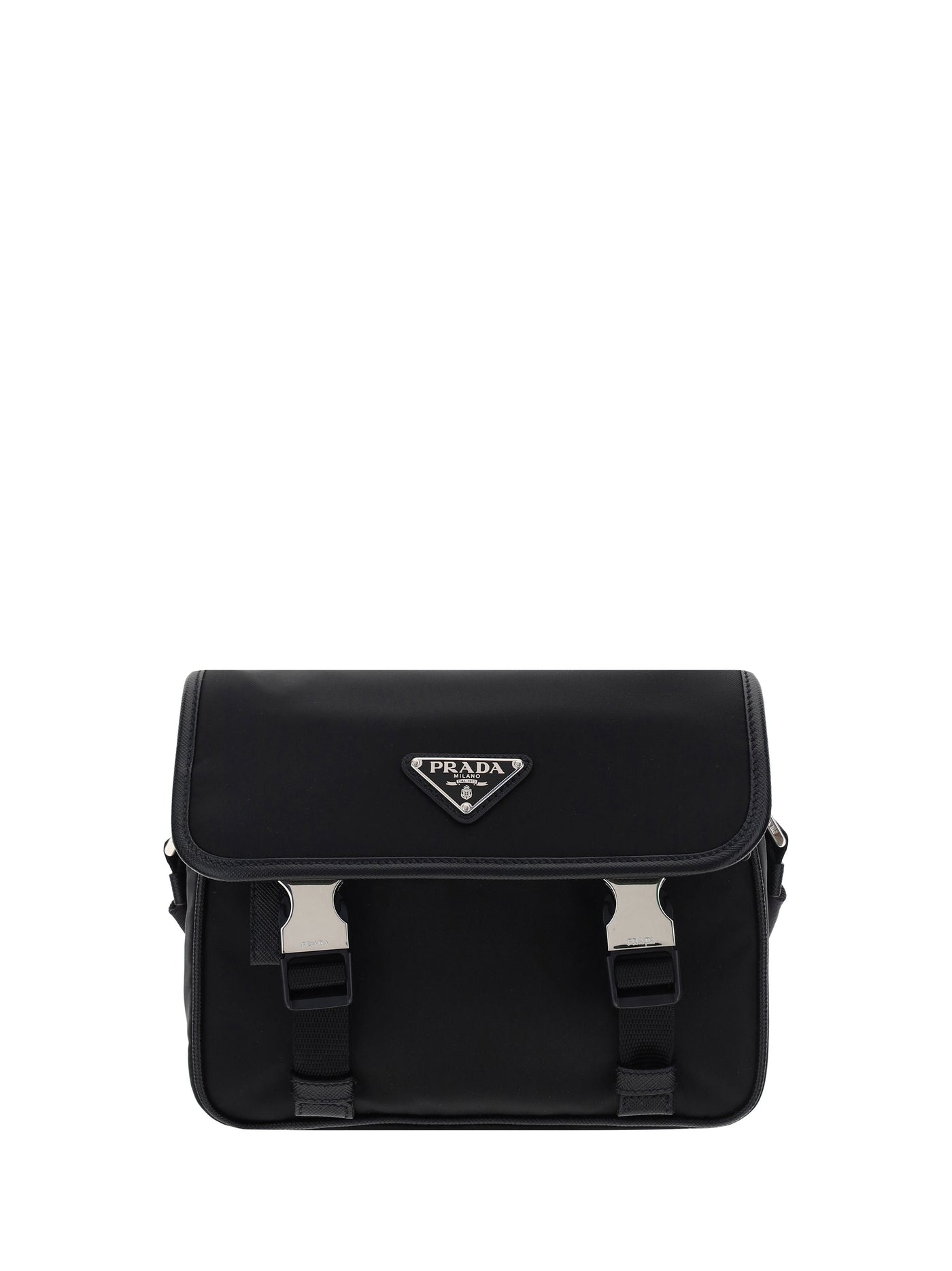 Prada Re-Nylon With Triangular Plaque Shoulder Bag — Black Polyamide