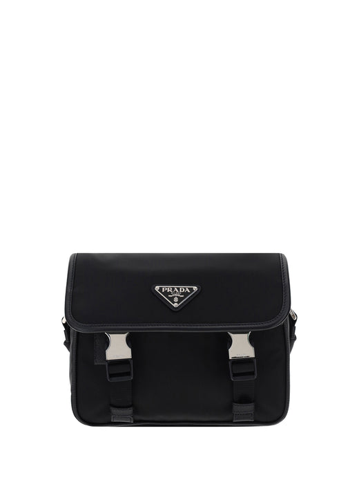 Prada Re-Nylon With Triangular Plaque Shoulder Bag — Black Polyamide