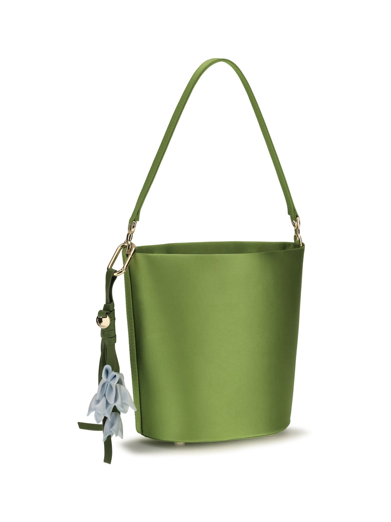 Self-Portrait Satin With Removable Bow Charm Bucket Bag — Green Polyester