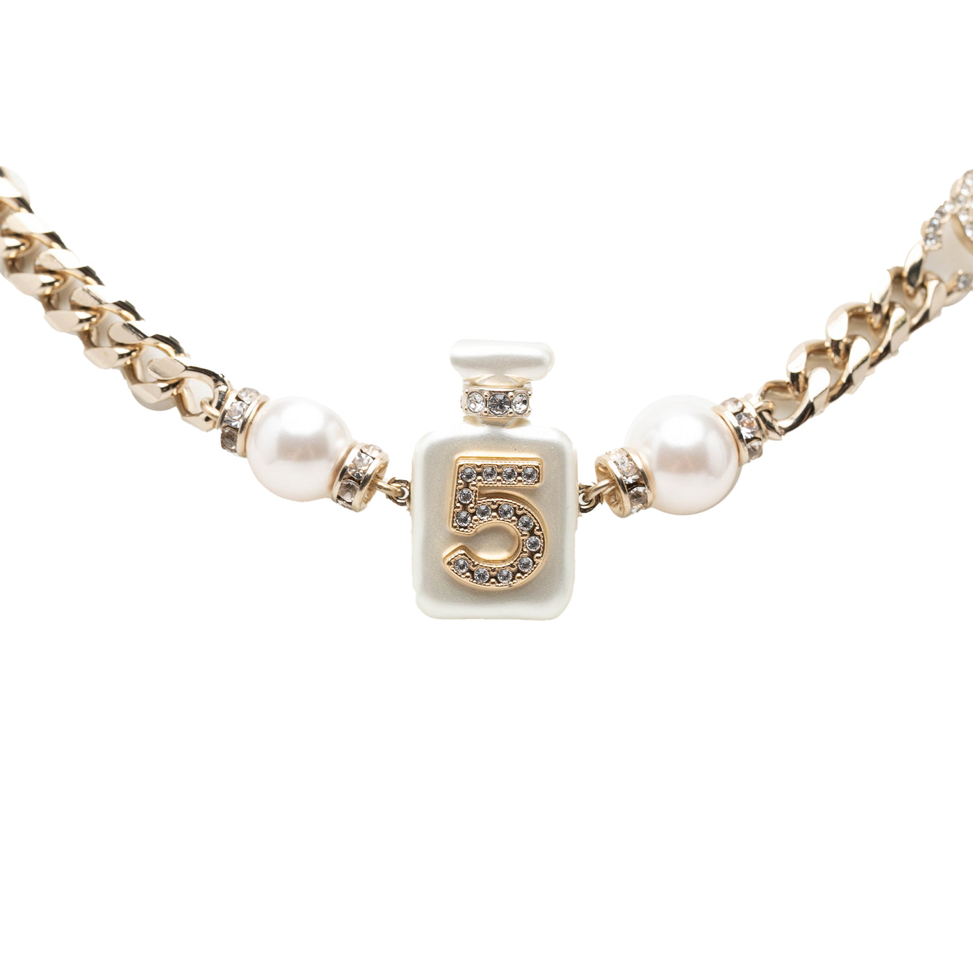 CC Gold Plated Faux Pearl Strass No 5 Perfume Bottle Pendant Necklace - Image 1