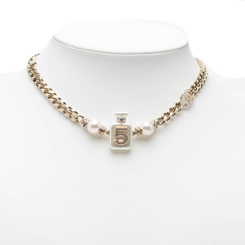 CC Gold Plated Faux Pearl Strass No 5 Perfume Bottle Pendant Necklace - Image 6