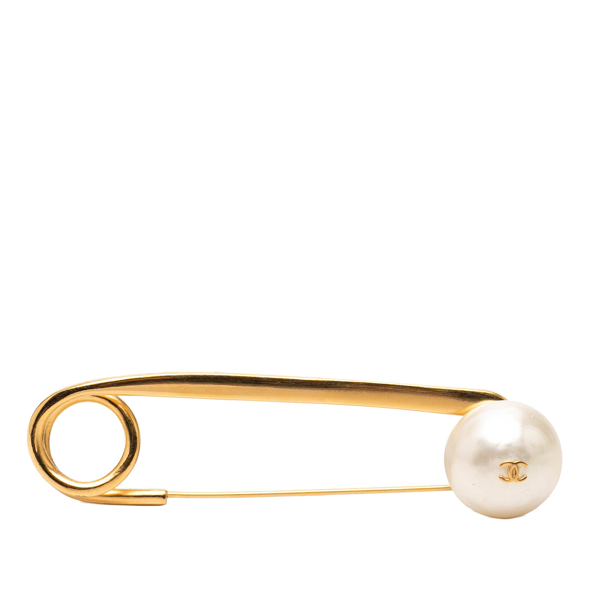 CC Gold Plated Faux Pearl Safety Pin Brooch - Image 1