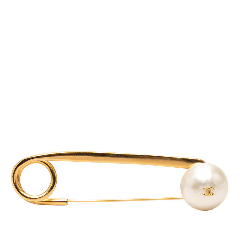 CC Gold Plated Faux Pearl Safety Pin Brooch