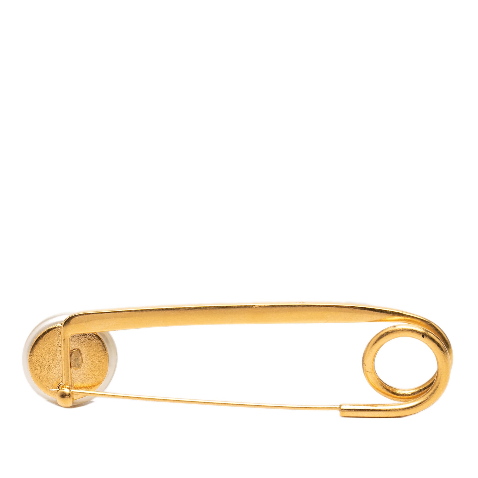 CC Gold Plated Faux Pearl Safety Pin Brooch - Image 2