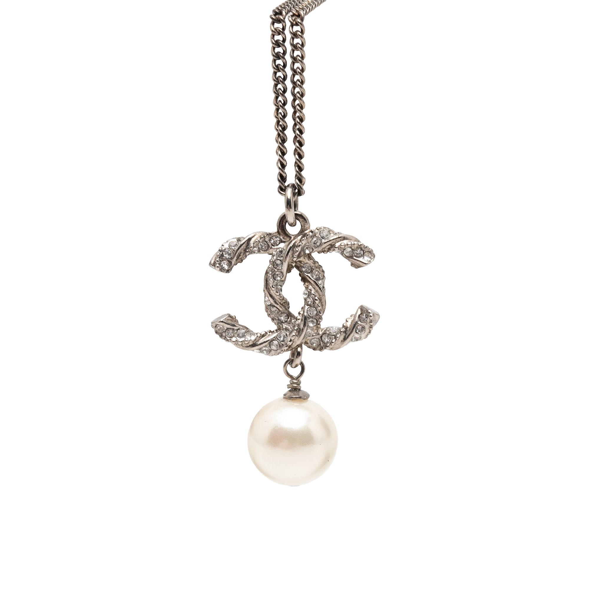 Brass Faux Pearl and Strass Twisted CC Pendant Necklace - Image 1