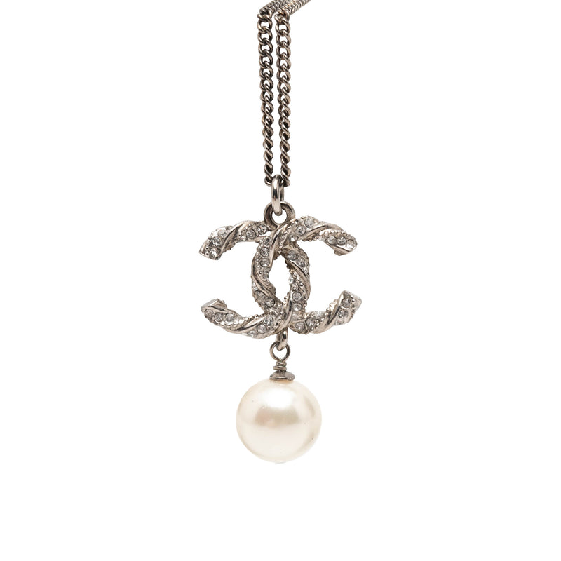 Brass Faux Pearl and Strass Twisted CC Pendant Necklace