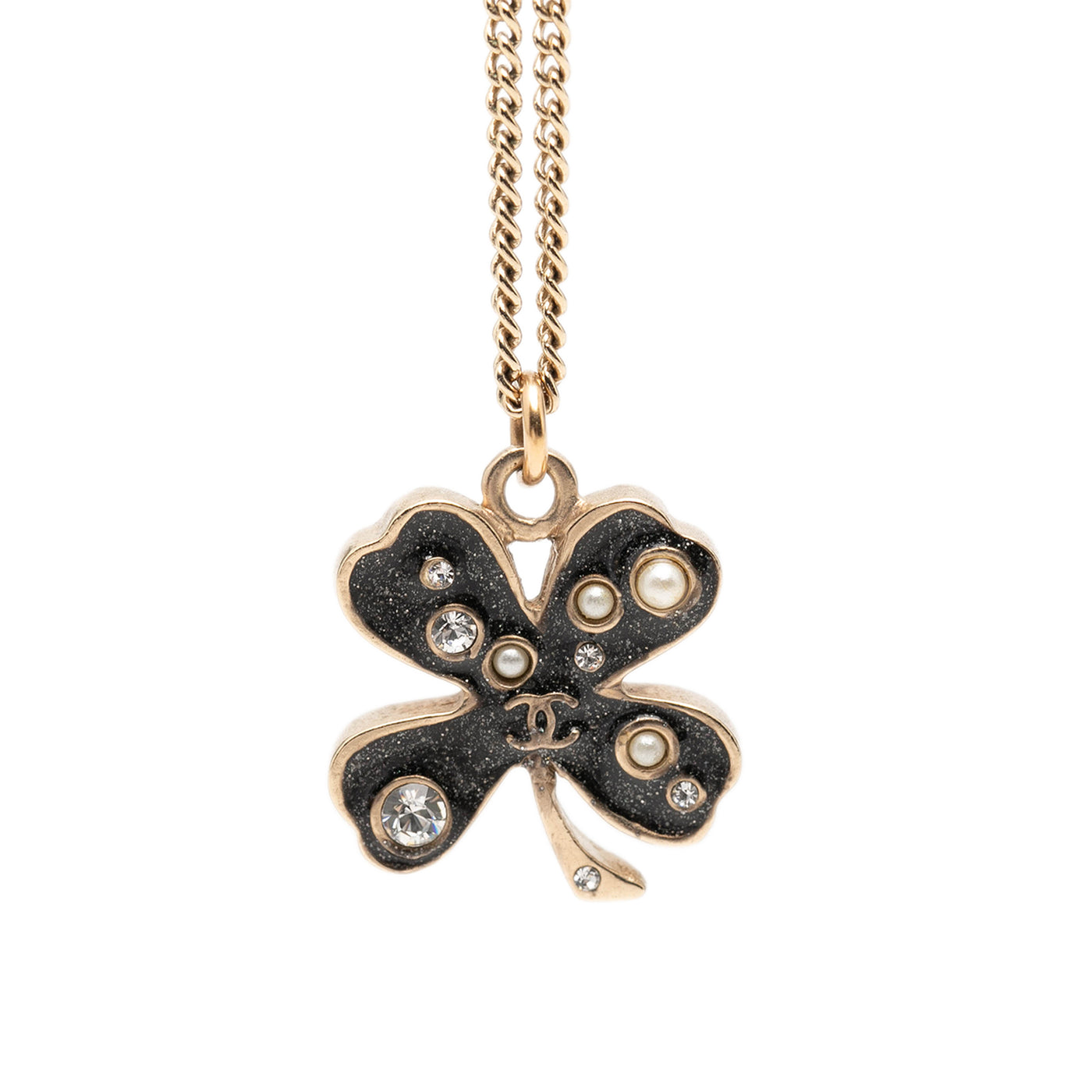 CC Gold Plated and Enamel Strass Faux Pearl Clover Pendant Necklace - Image 1