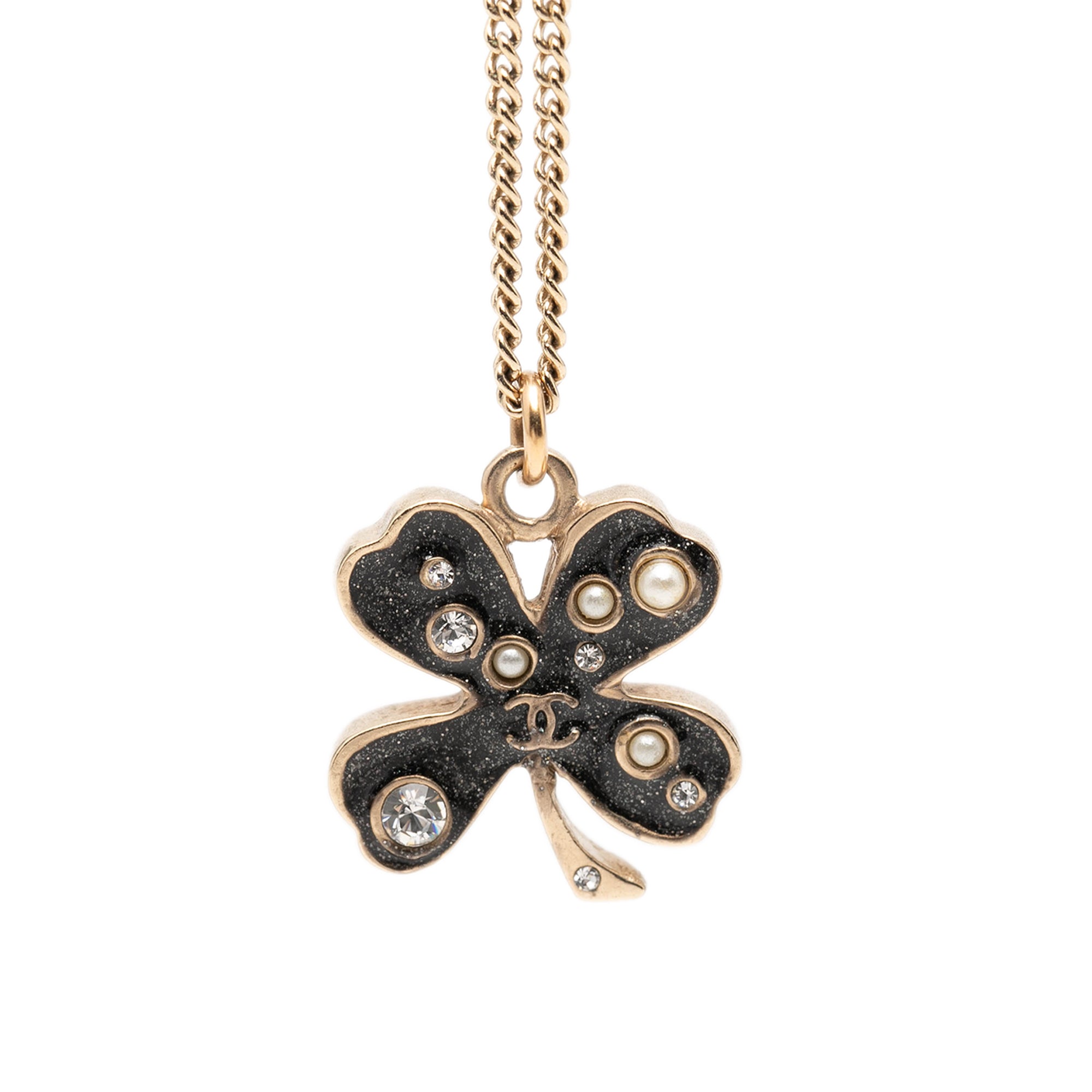 CC Gold Plated and Enamel Strass Faux Pearl Clover Pendant Necklace - Image 1