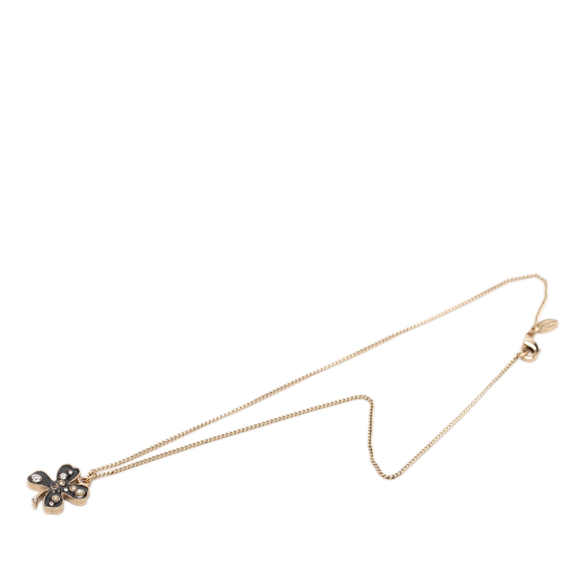 CC Gold Plated and Enamel Strass Faux Pearl Clover Pendant Necklace - Image 3