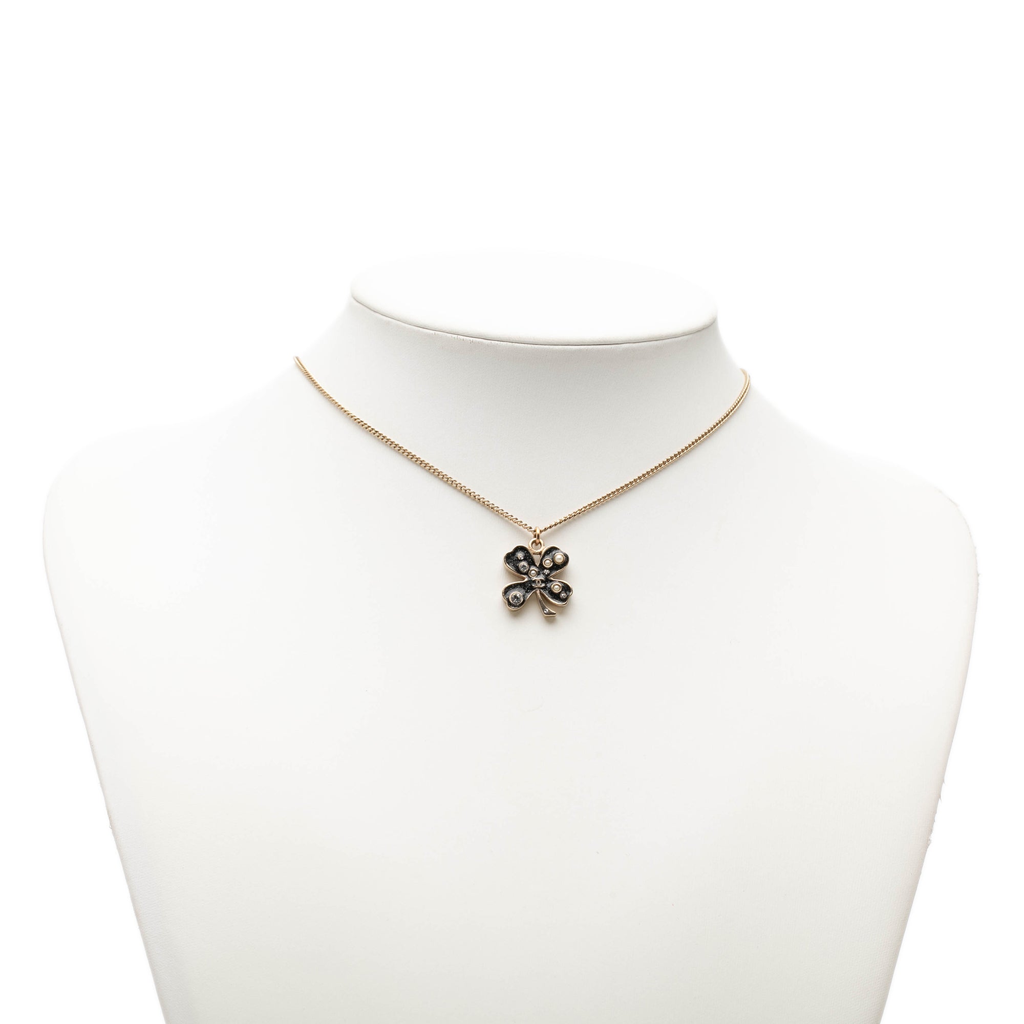 CC Gold Plated and Enamel Strass Faux Pearl Clover Pendant Necklace - Image 6