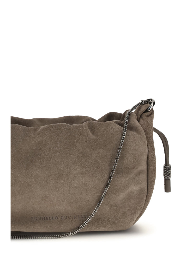Brunello Cucinelli Suede With Precious Chain Shoulder Bag — Gray Calf Leather Bos Taurus
