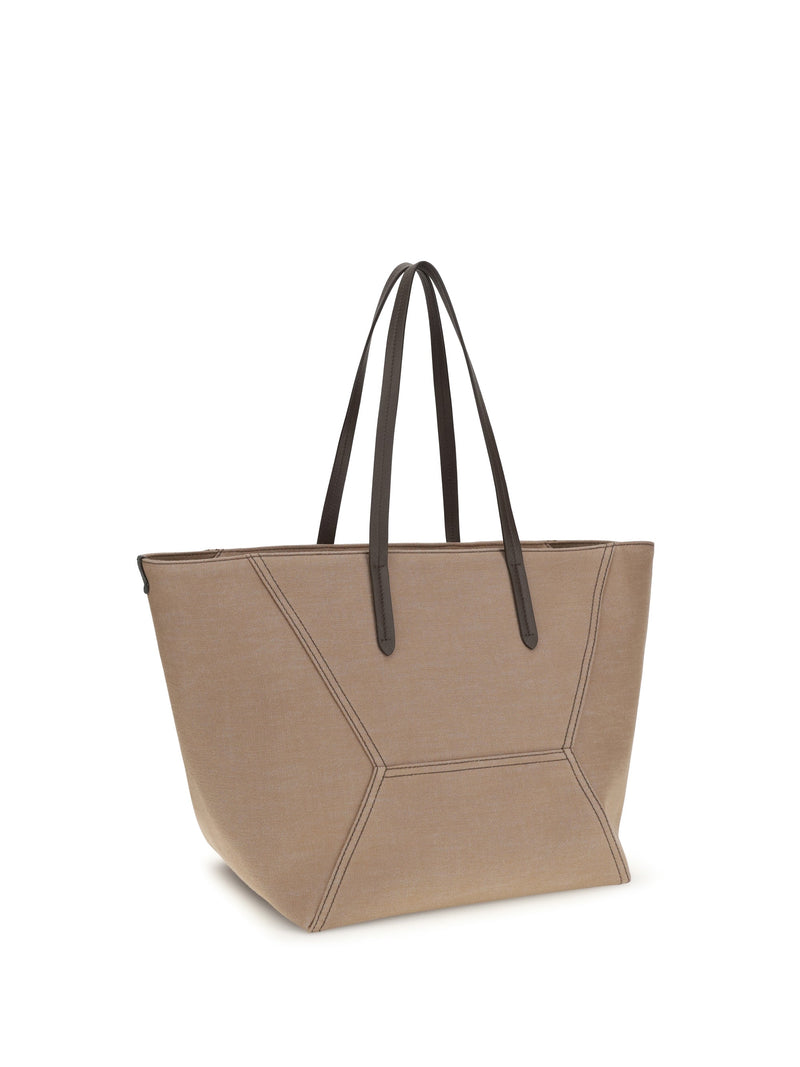 Brunello Cucinelli Canvas Tote With Geometric Seaming Bag — Beige Outer: Cotton