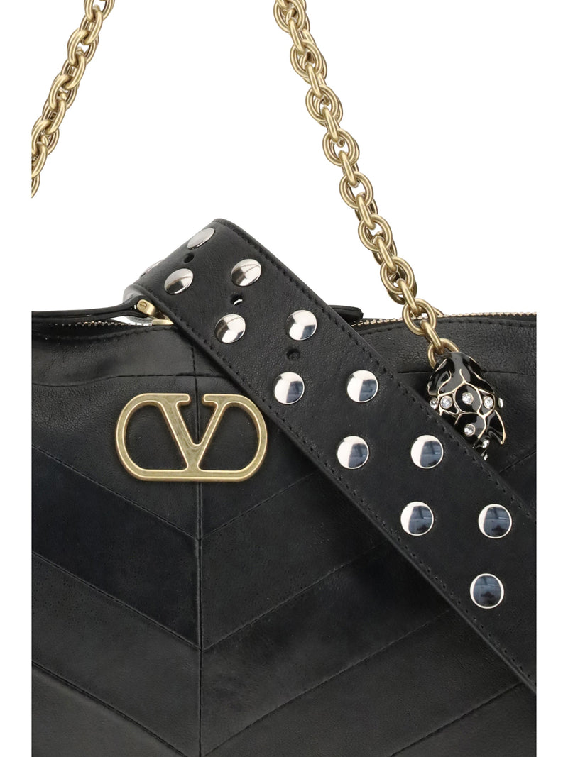 Valentino Garavani Panthea Chevron Shoulder Bag — Black Lamb Ovis Aries