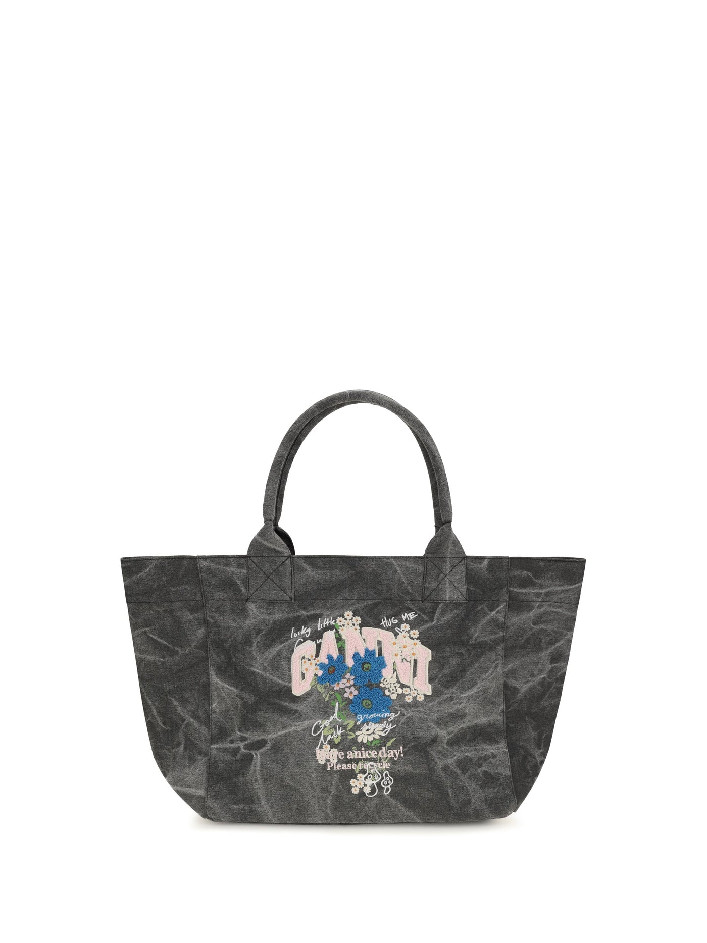 Ganni Flower-Print Tote Bag — Gray Cotton
