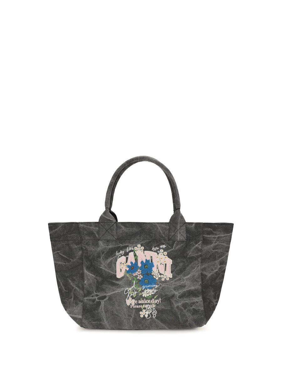 Ganni Flower-Print Tote Bag — Gray Cotton