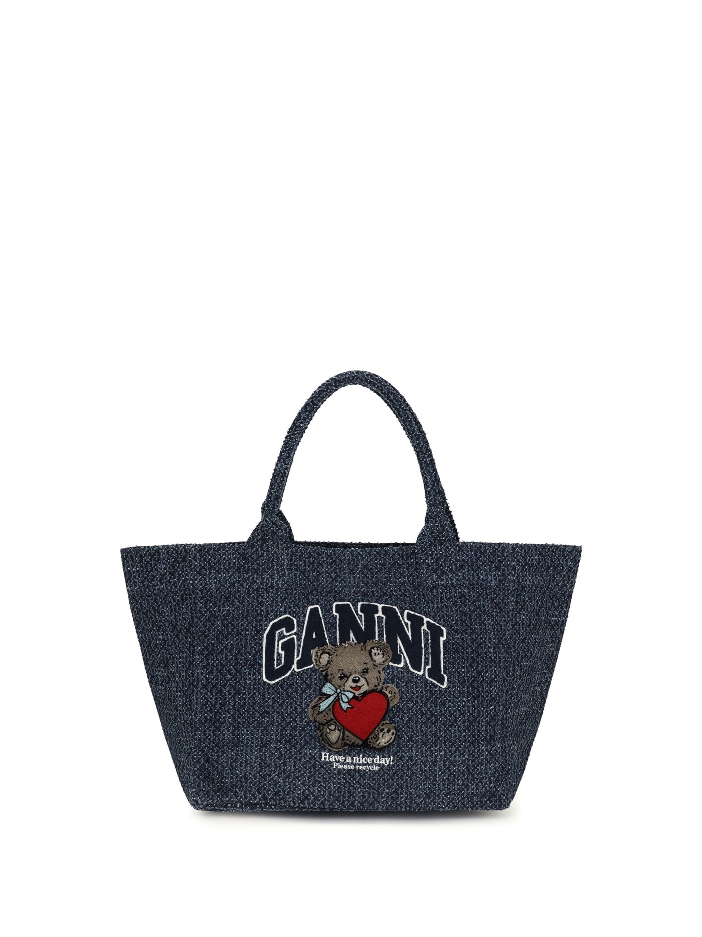 Ganni Bear-Embroidered Denim Tote Bag — Blue Cotton