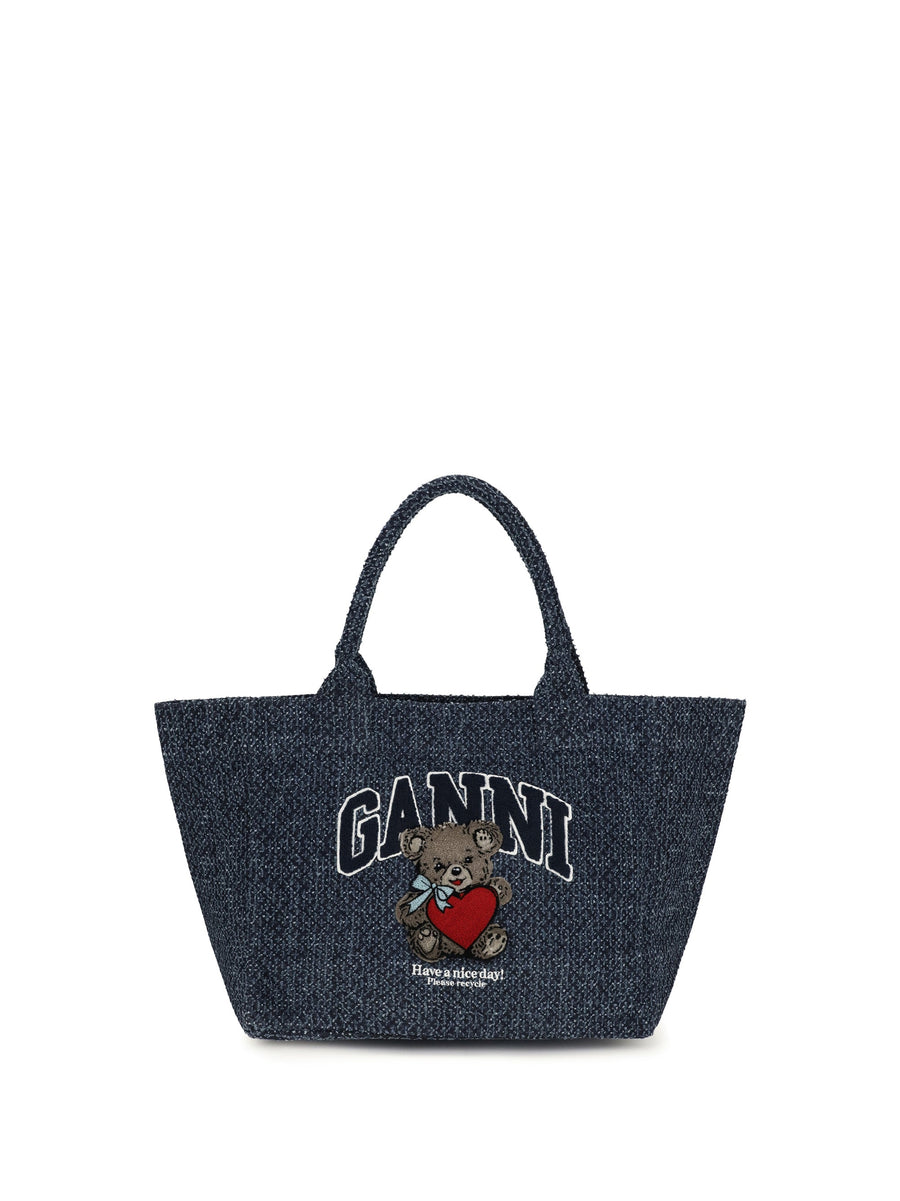 Ganni Bear-Embroidered Denim Tote Bag — Blue Cotton