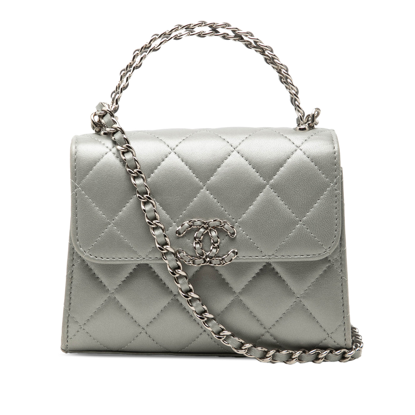 Mini CC Metallic Lambskin Top Handle Clutch With Chain - Image 1