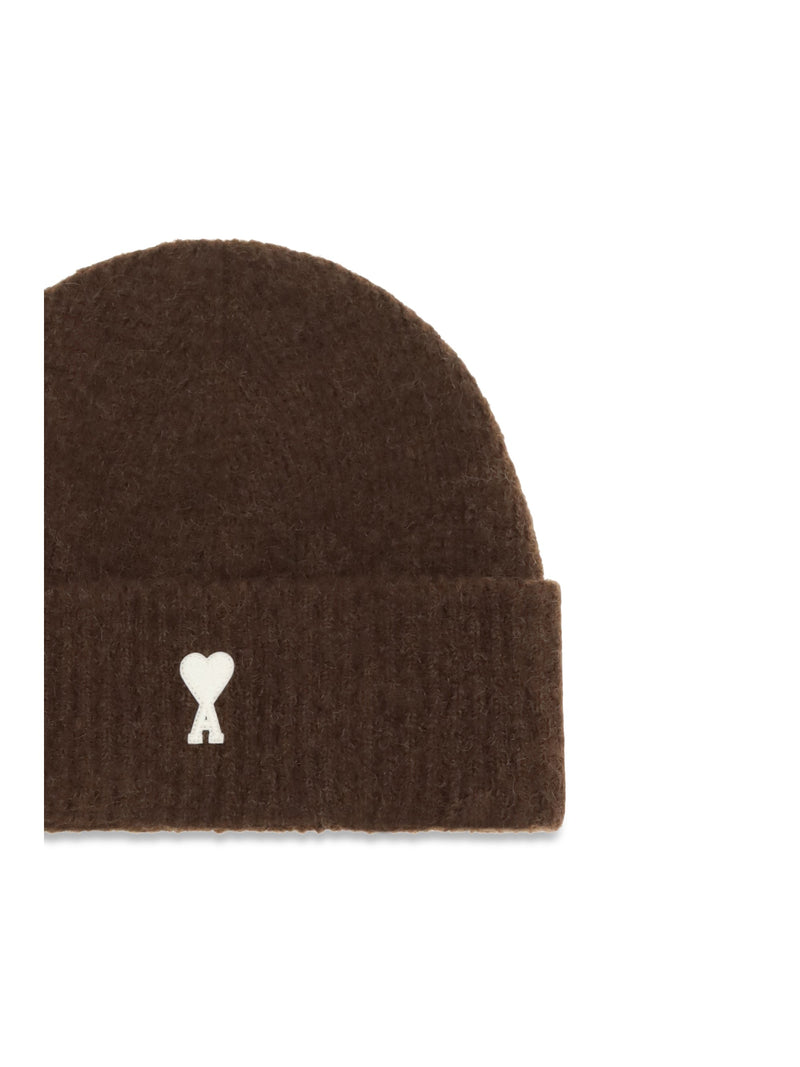 Ami Paris Ubo005kn0135 Ribbed Wool Beanie — Brown Ovis Aries Beanies