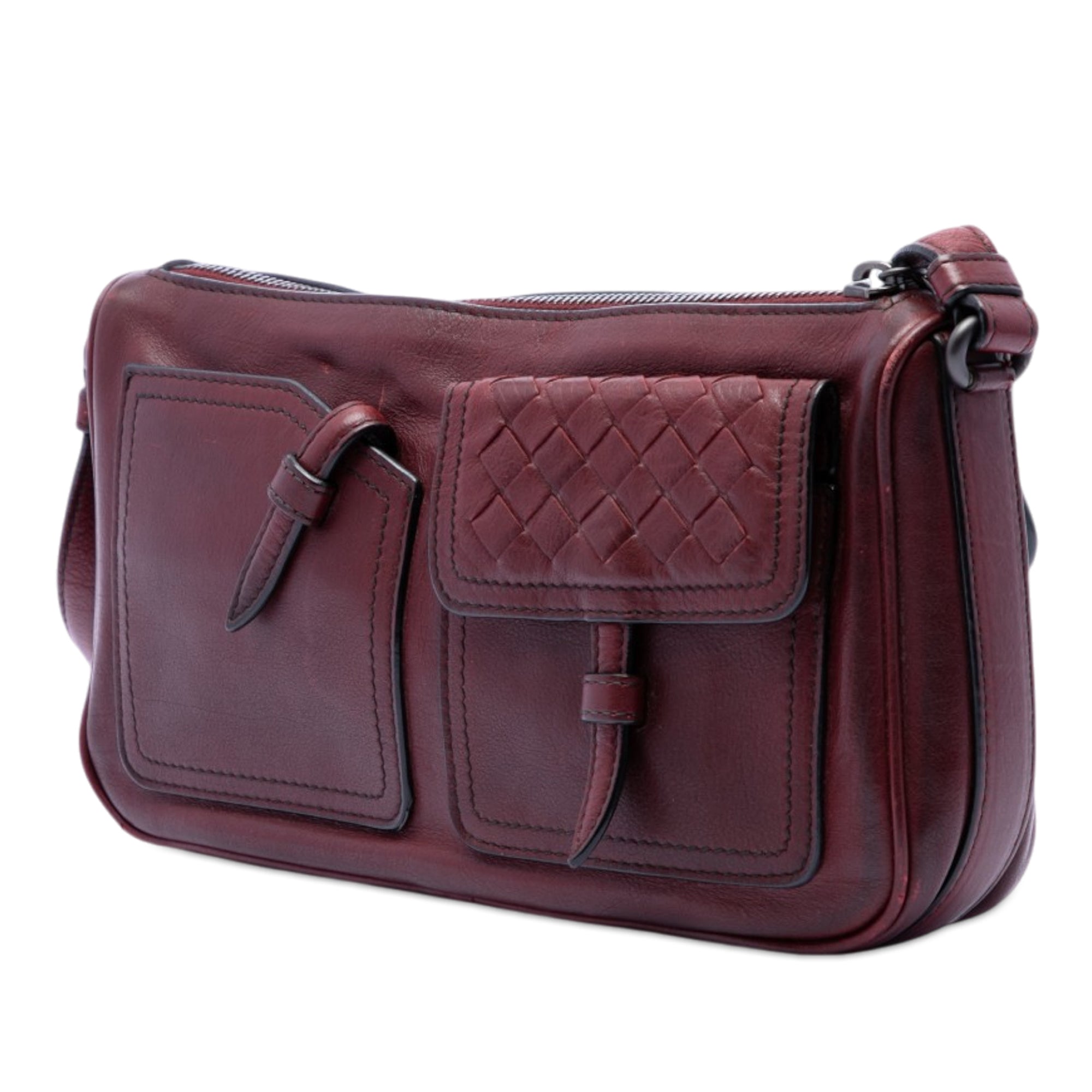Intrecciato Trimmed Multi Pocket Leather Shoulder Bag - Image 2