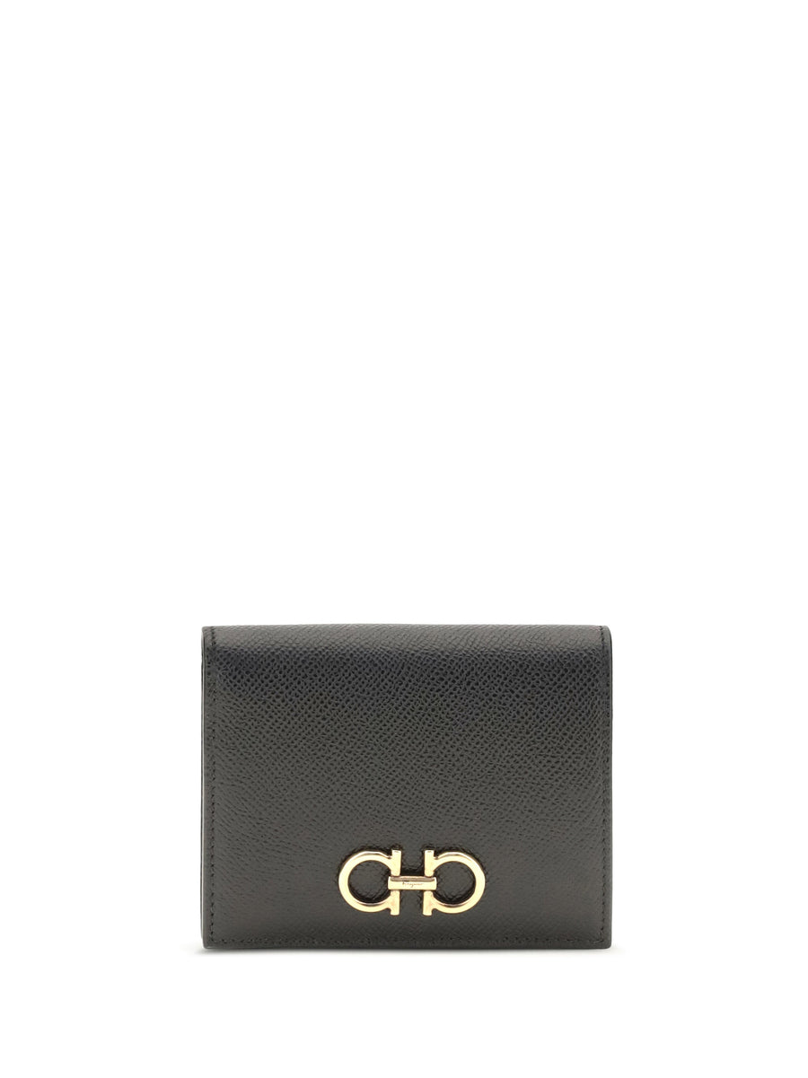 Ferragamo Calfskin With Gancini Logo Wallet — Black Calf Leather Bos Taurus