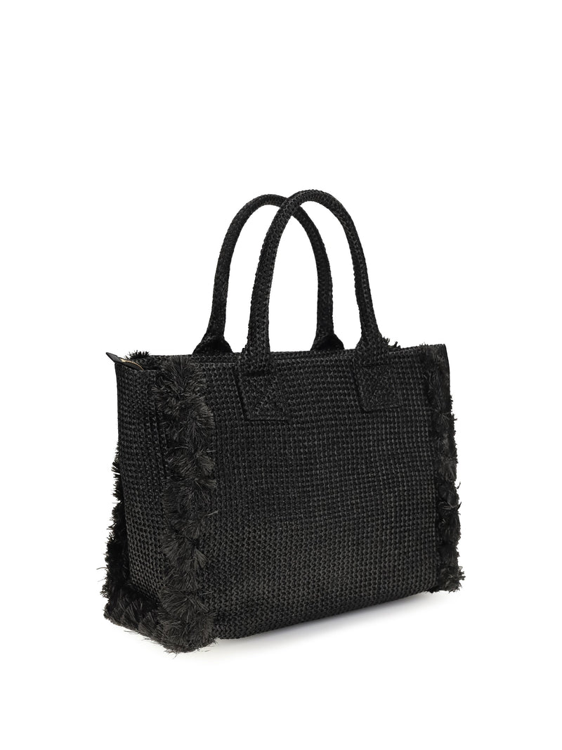 Pinko Raffia With Fringed Details Tote Bag — Black