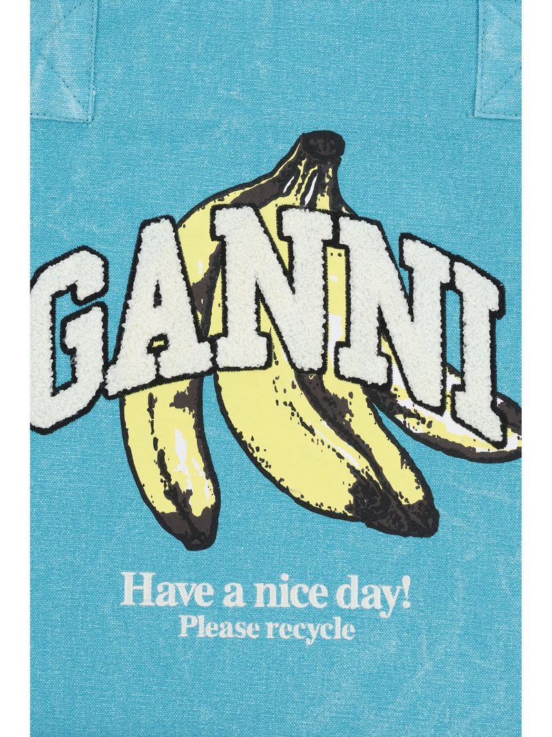Ganni Banana Print Tote Bag — Blue Recycled Cotton