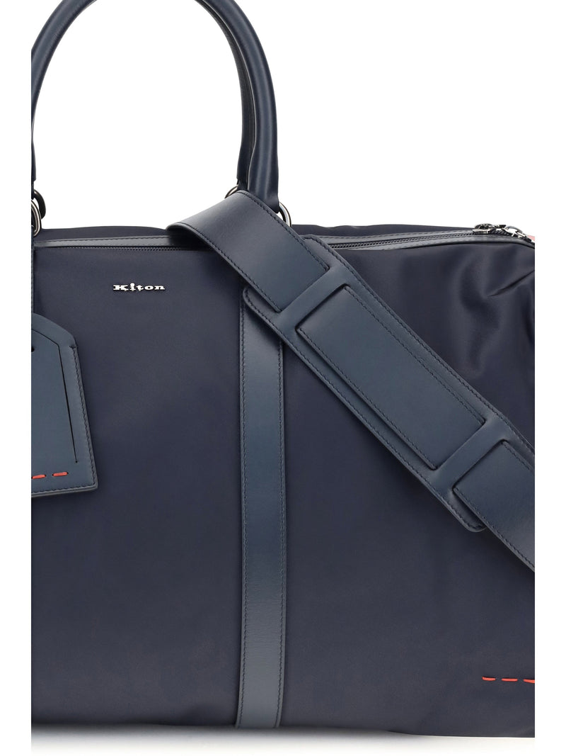 Kiton Leather-Trim Nylon Duffle Bag — Navy