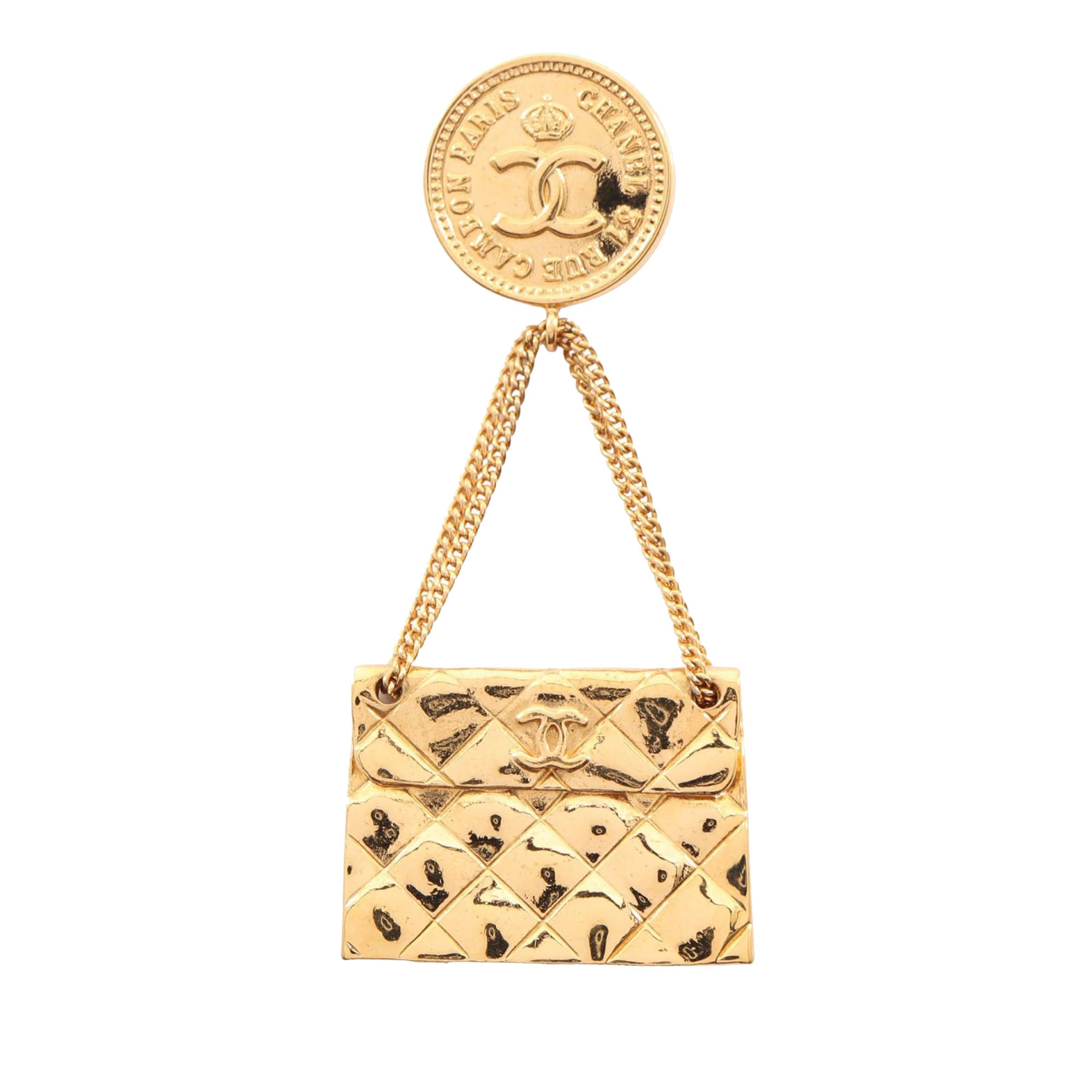 CC Gold Plated Quilted Bag Brooch - Image 1