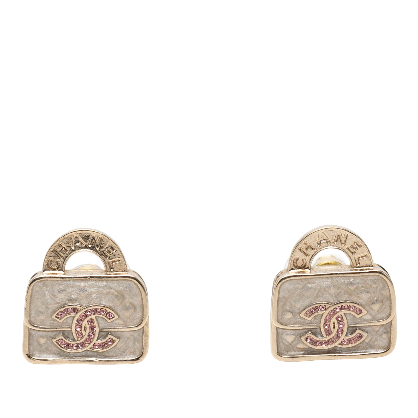 CC Brass Resin Strass Top Handle Bag Push Back Earrings - Image 1