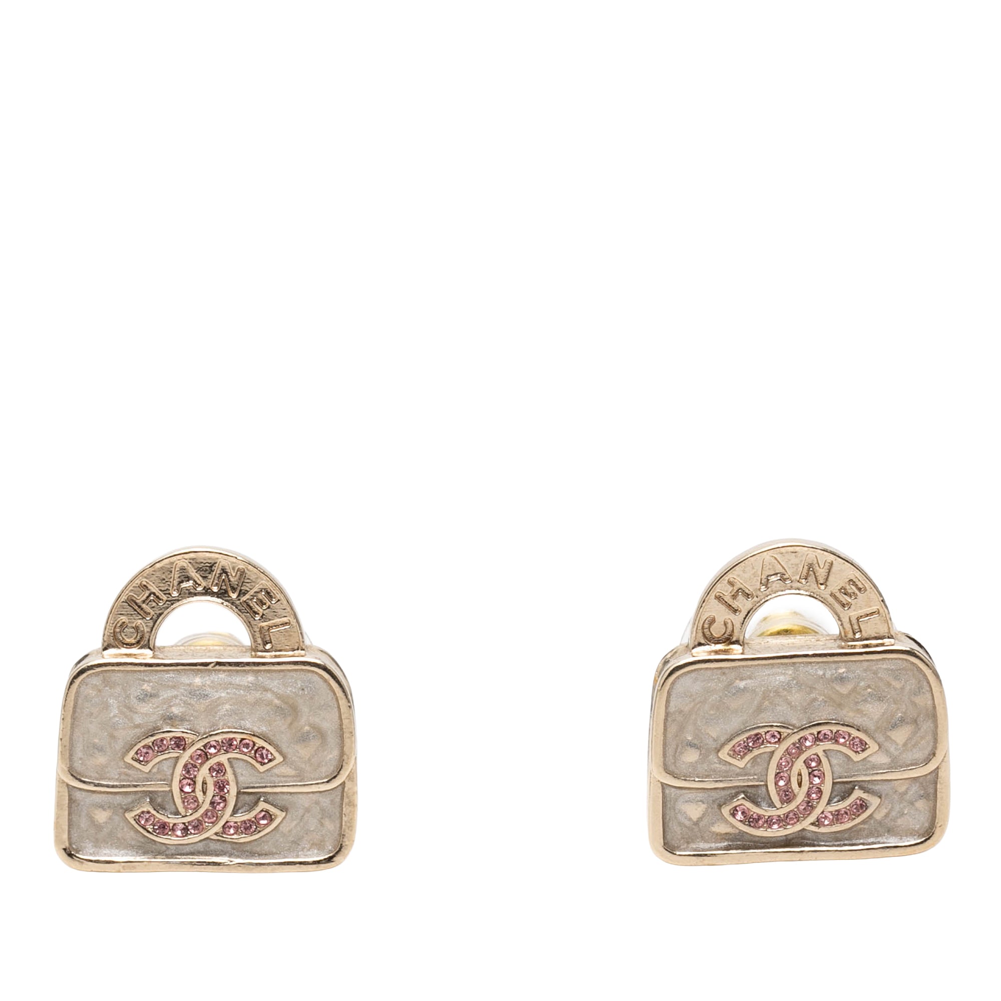 CC Brass Resin Strass Top Handle Bag Push Back Earrings - Image 1