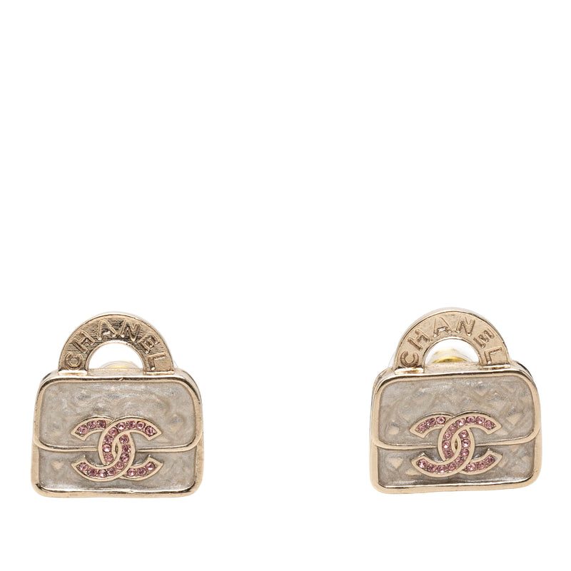 CC Brass Resin Strass Top Handle Bag Push Back Earrings