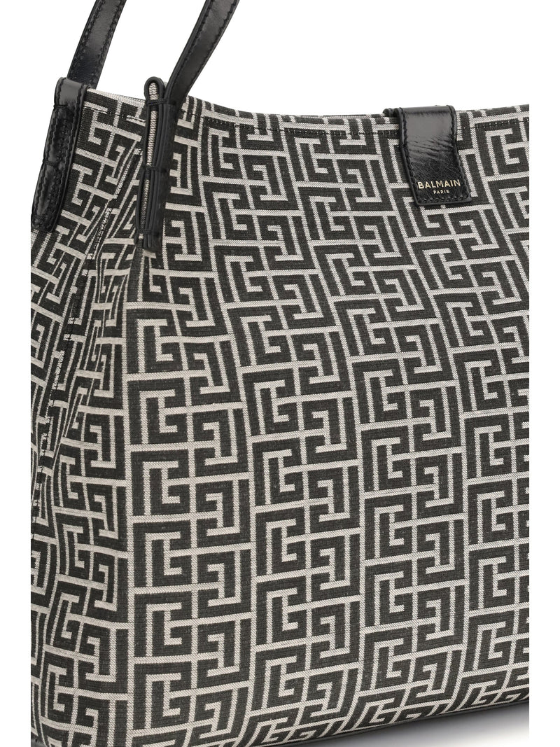 Balmain Logo-Jacquard Cotton Shoulder Bag — Black