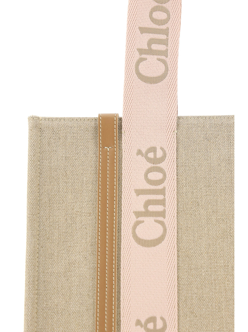 Chloé Linen With Leather Trim Shoulder Bag — Beige