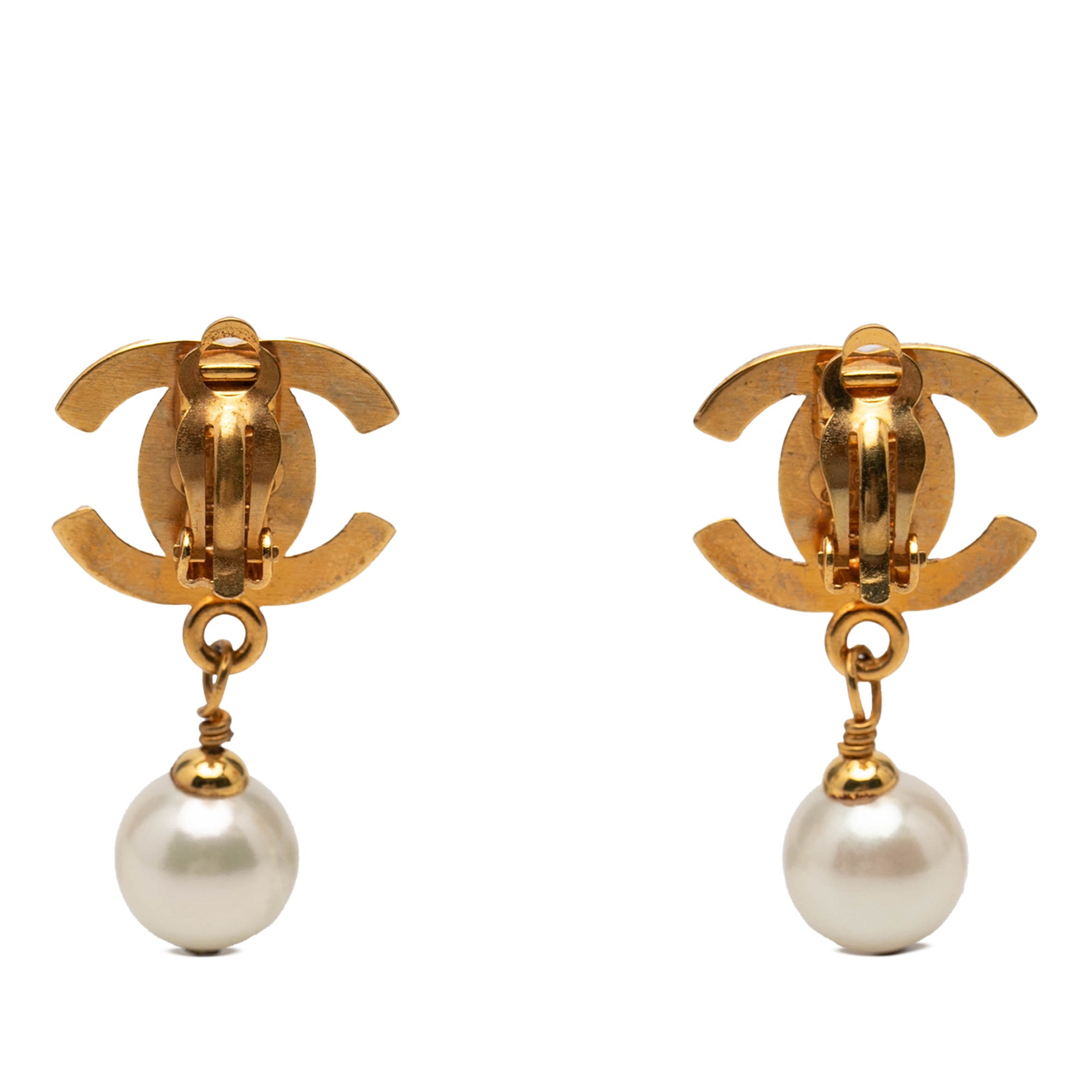 CC Gold Plated Turnlock Faux Pearl Drop Clip On Earrings - Image 2