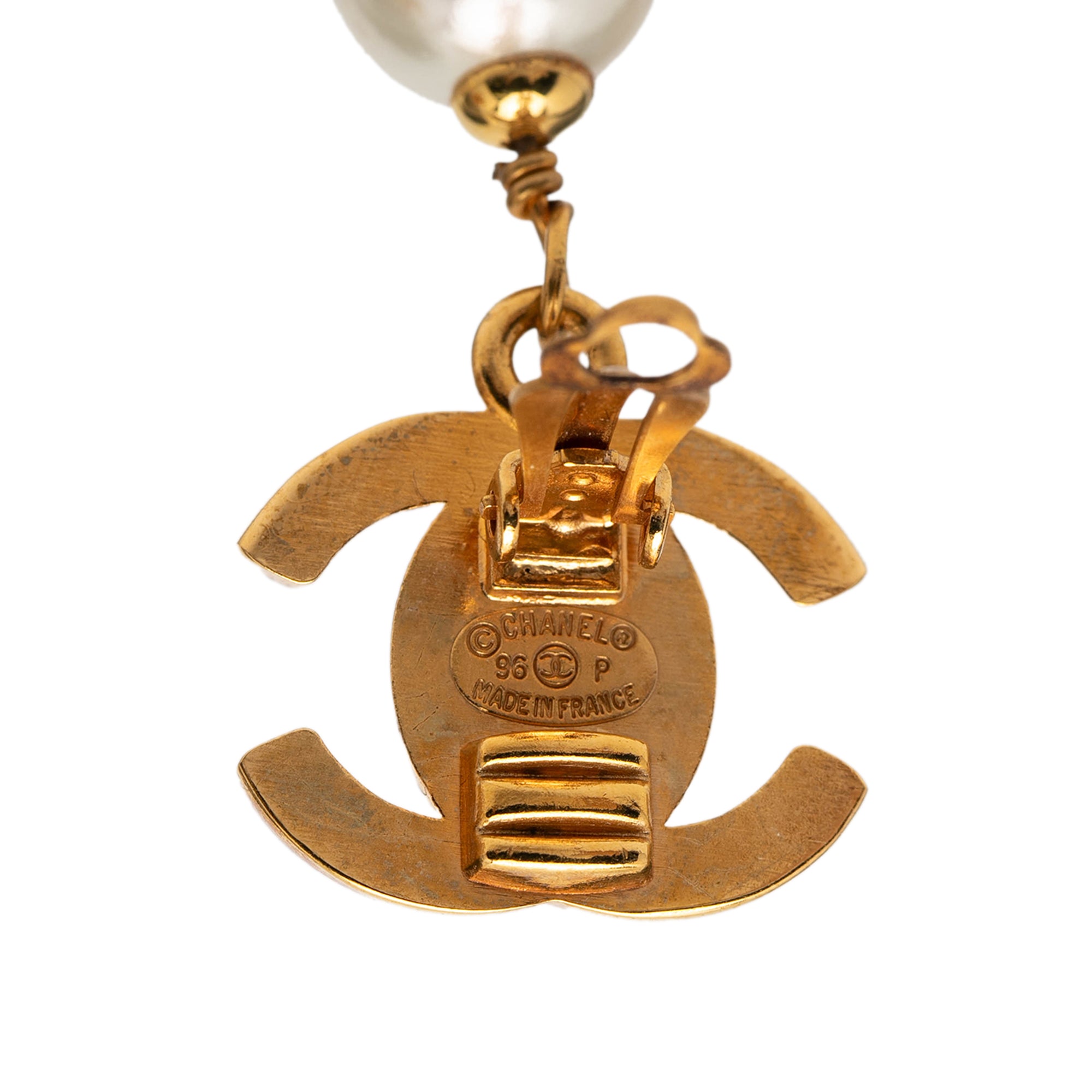 CC Gold Plated Turnlock Faux Pearl Drop Clip On Earrings - Image 3