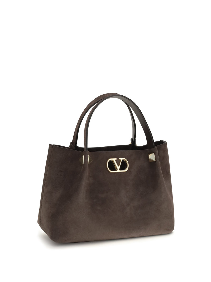 Valentino Garavani Suede With Studded Vlogo Top Handle Bag — Brown Calf Leather Bos Taurus