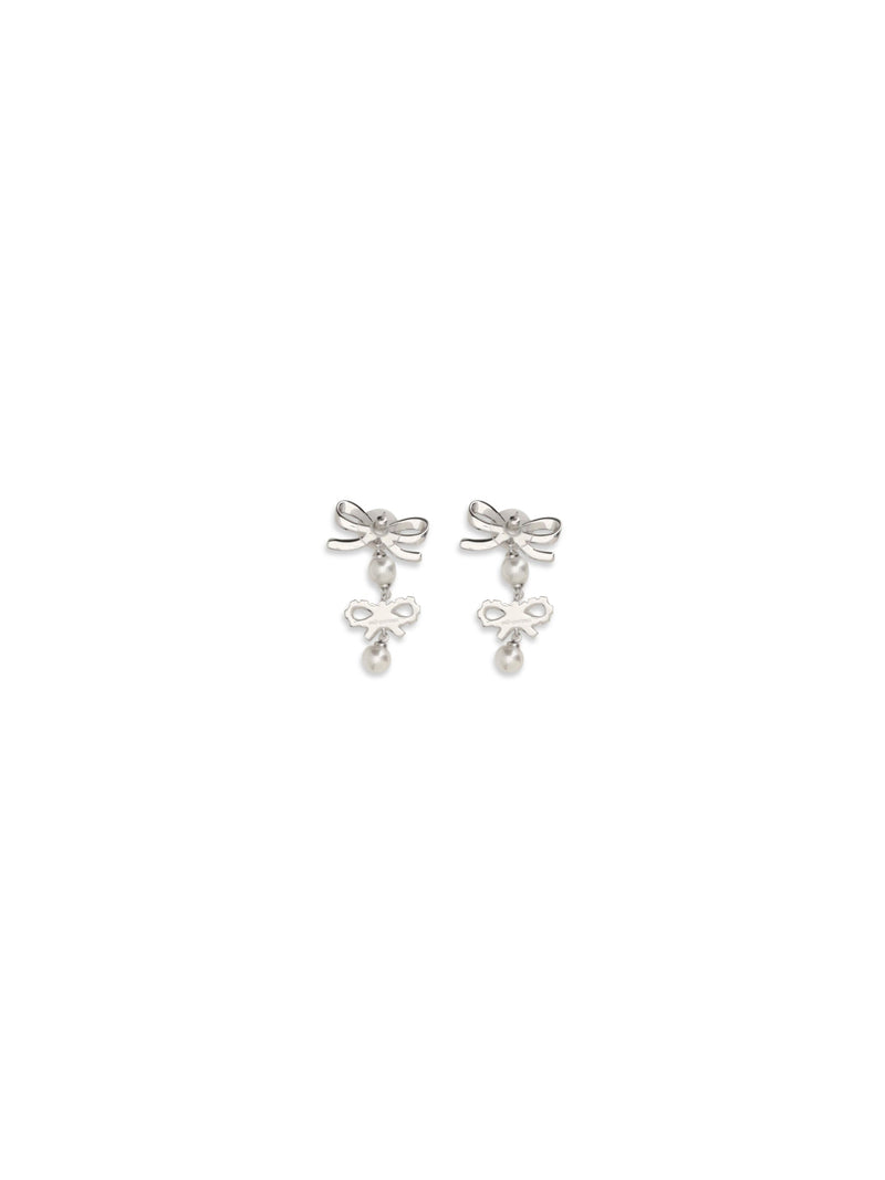 Self-Portrait Double Bow Pearl Earrings — Silver Brass