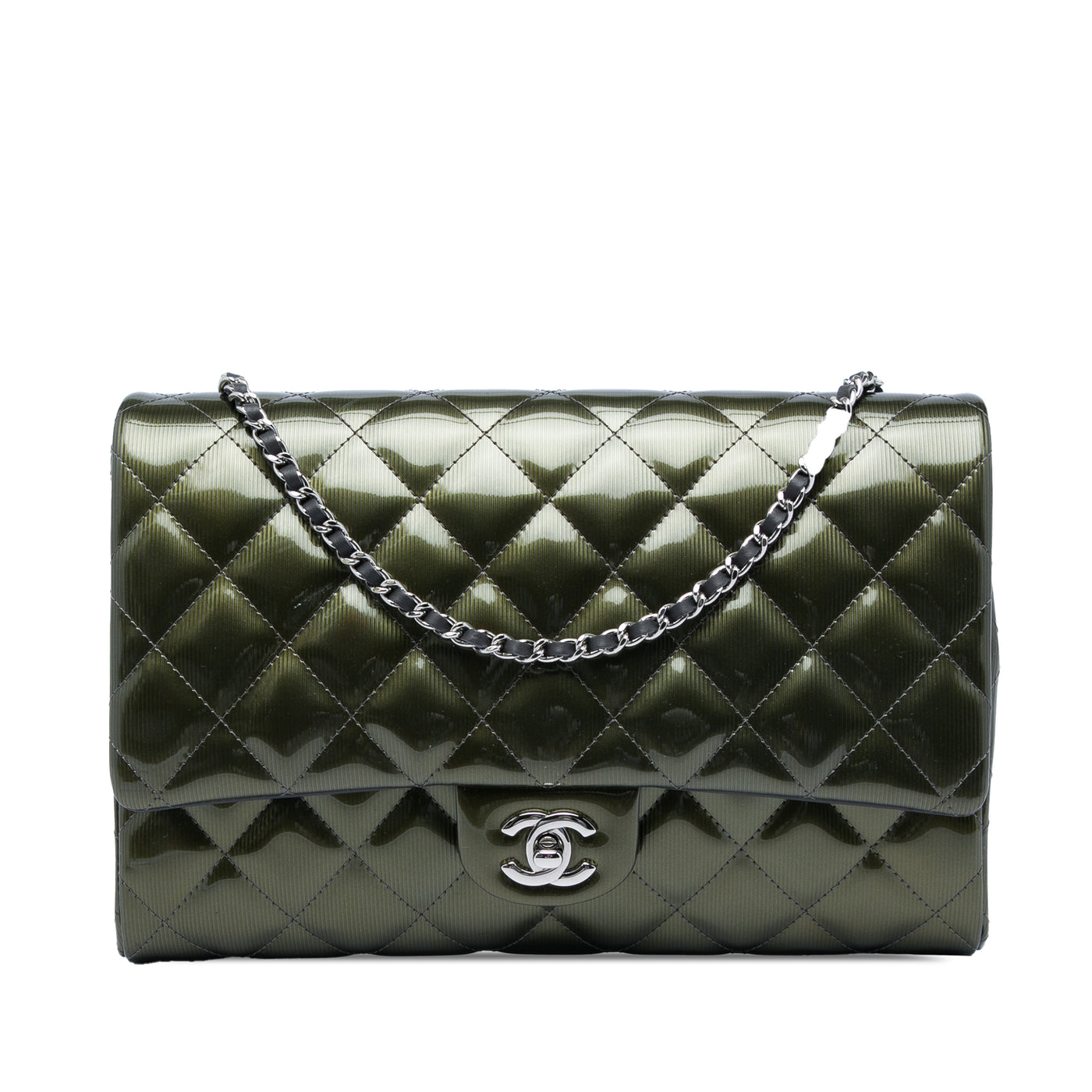 Quilted Striated Metallic Patent Clutch with Chain - Image 1