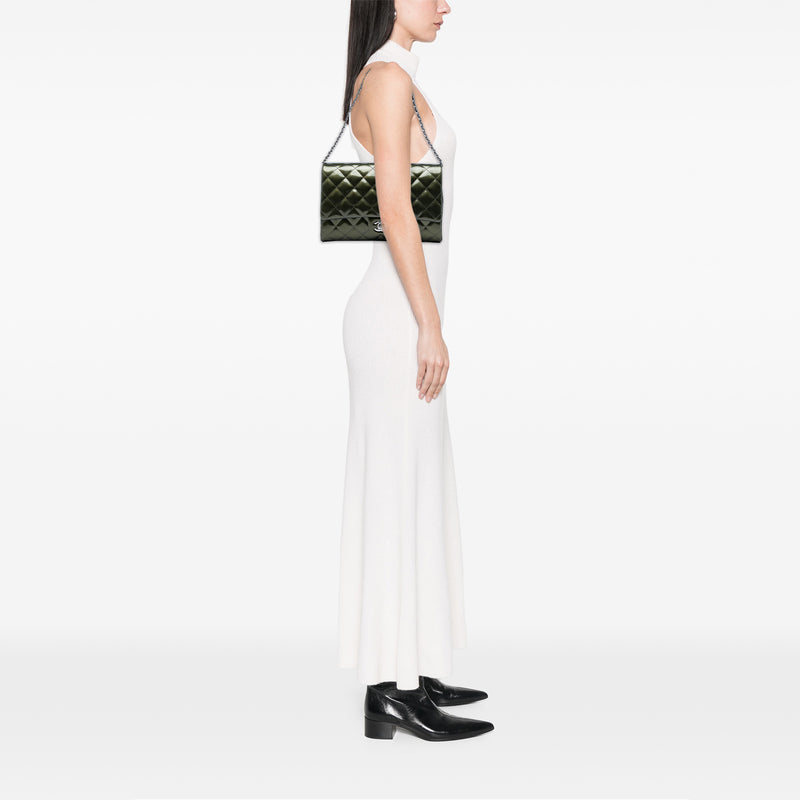 Quilted Striated Metallic Patent Clutch with Chain - Image 5