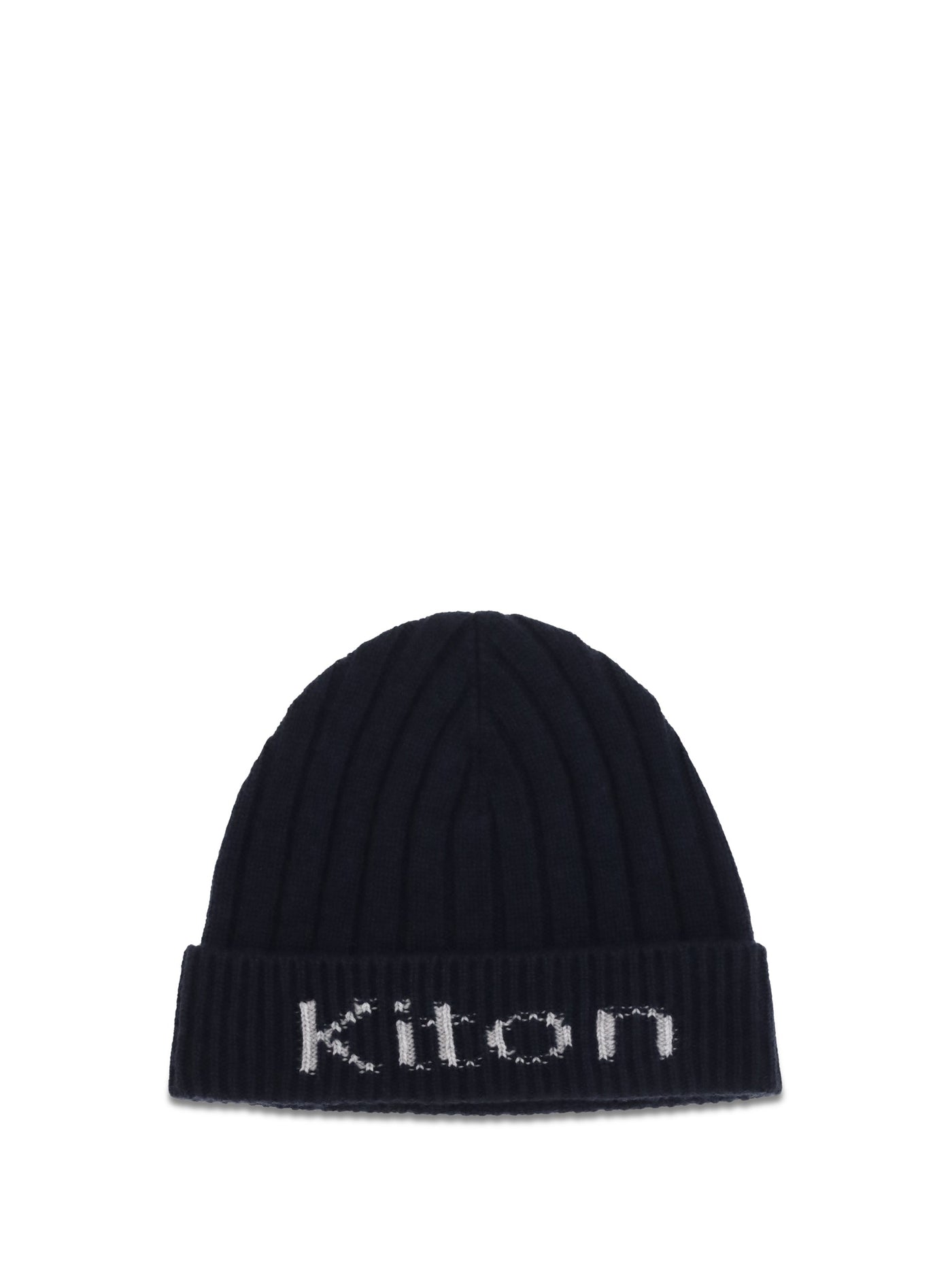 Kiton Ucpl003k0235l02 Wool Ribbed With Jacquard Logo Beanie — Navy Ovis Aries Beanies
