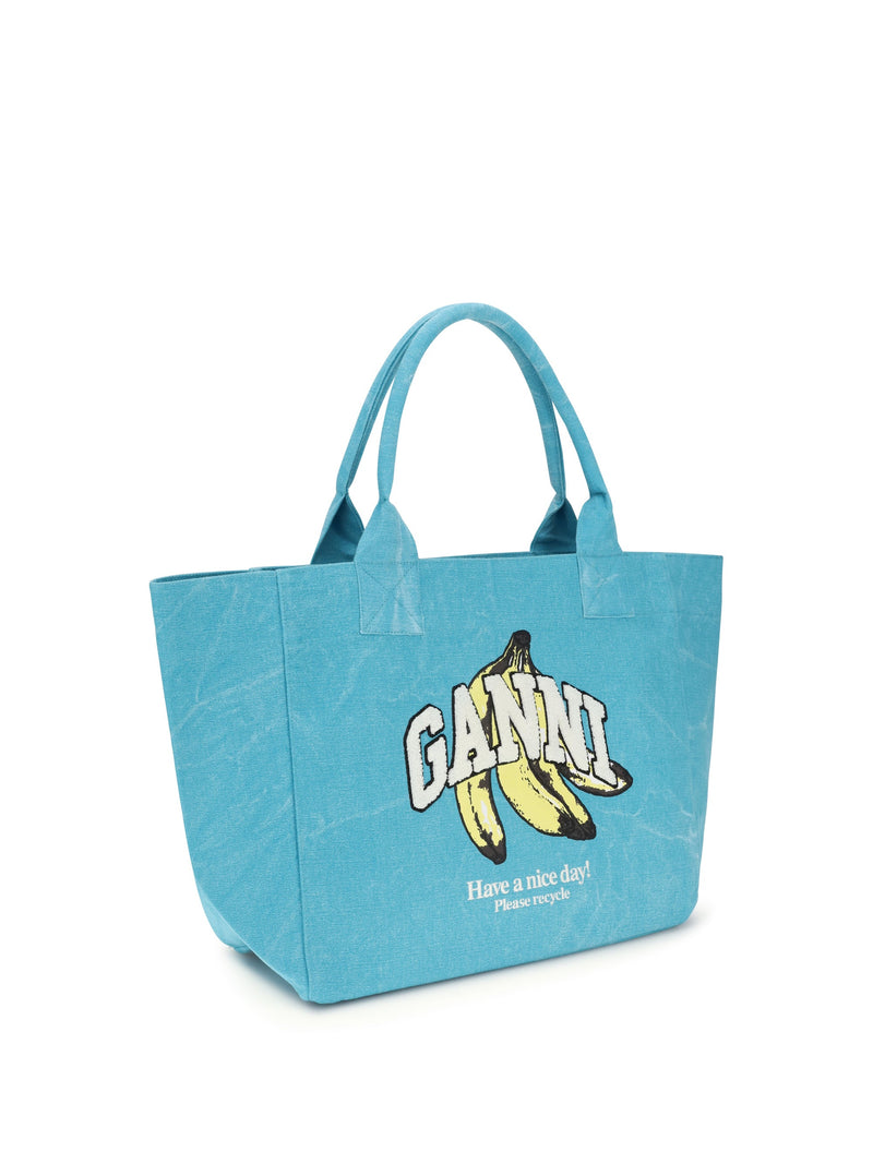 Ganni Banana Print Tote Bag — Blue Recycled Cotton