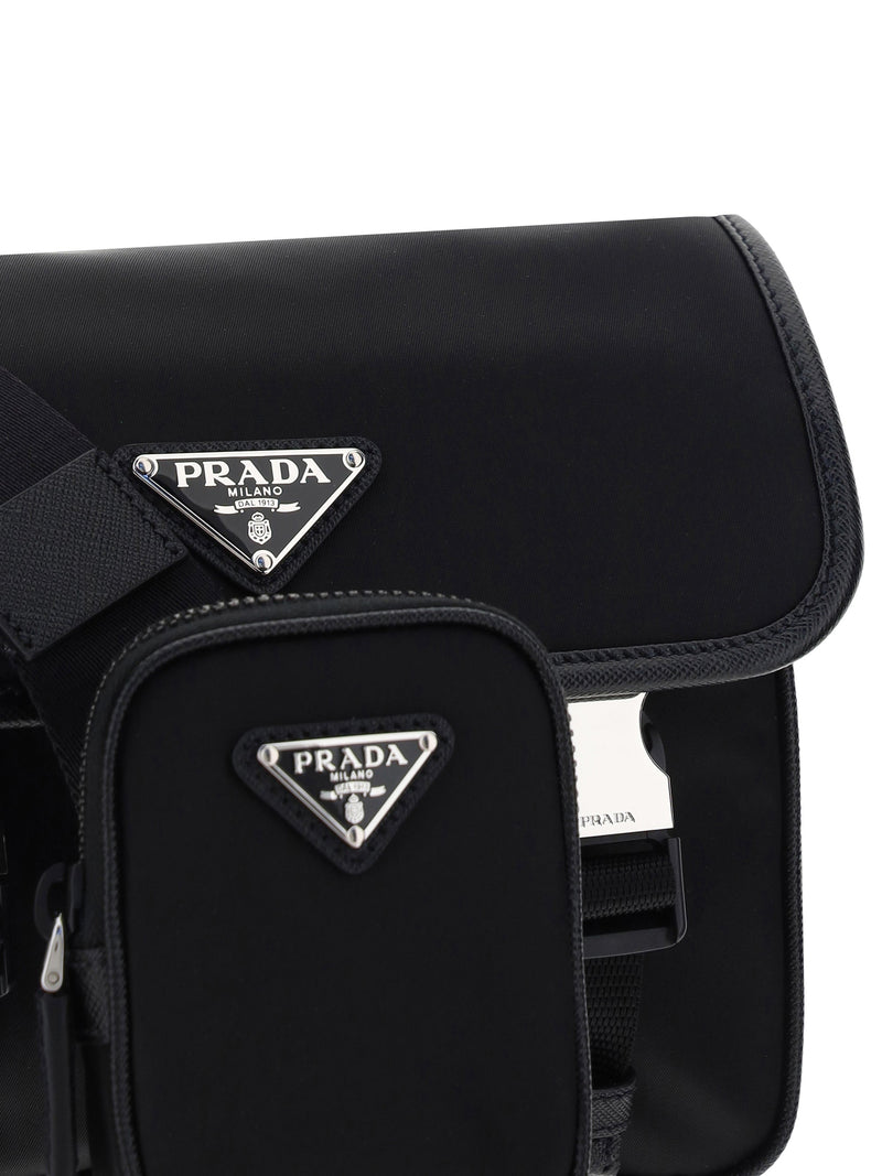 Prada Re-Nylon With Triangular Plaque Shoulder Bag — Black Polyamide
