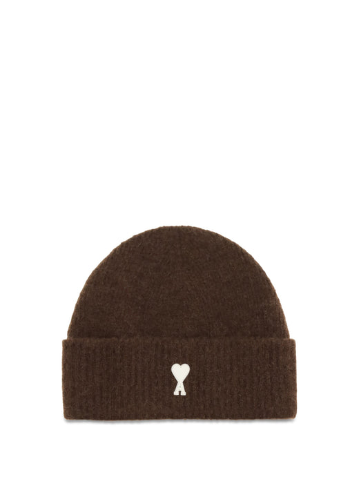 Ami Paris Ubo005kn0135 Ribbed Wool Beanie — Brown Ovis Aries Beanies
