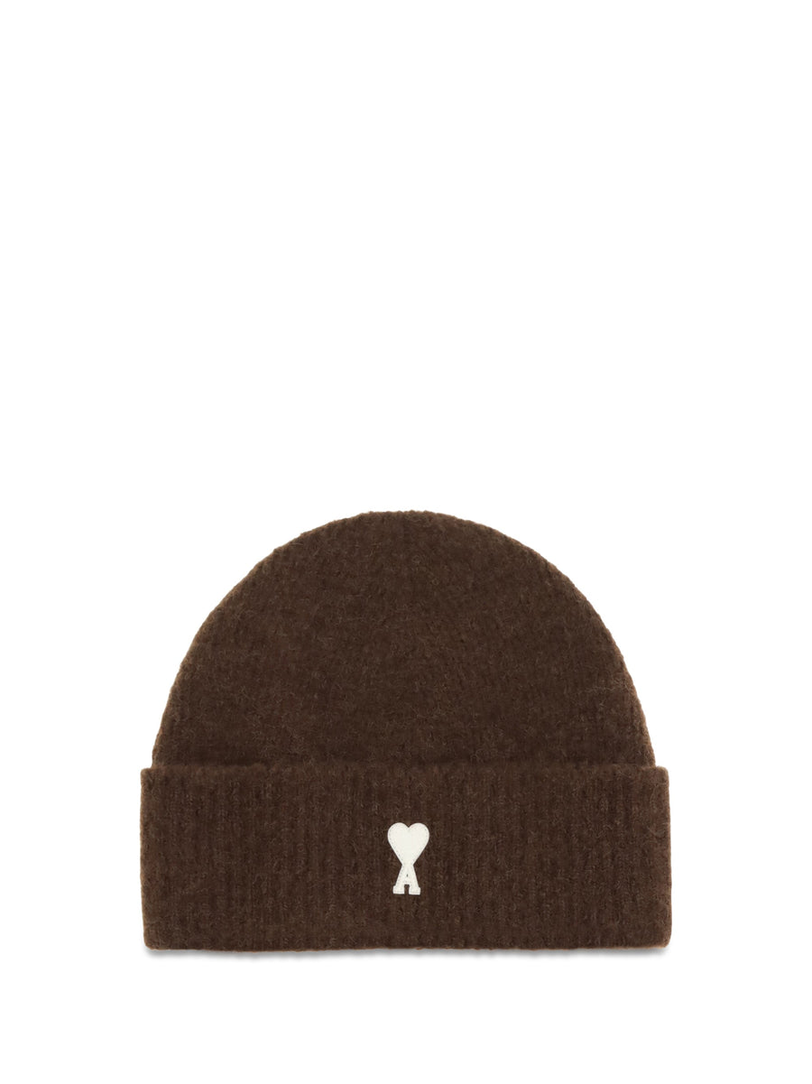 Ami Paris Ubo005kn0135 Ribbed Wool Beanie — Brown Ovis Aries Beanies