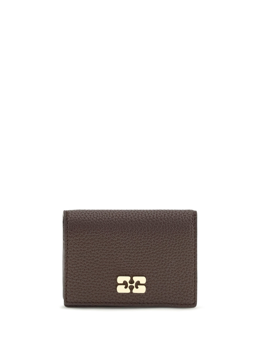 Ganni Grained Leather Card Holder — Brown Wallet