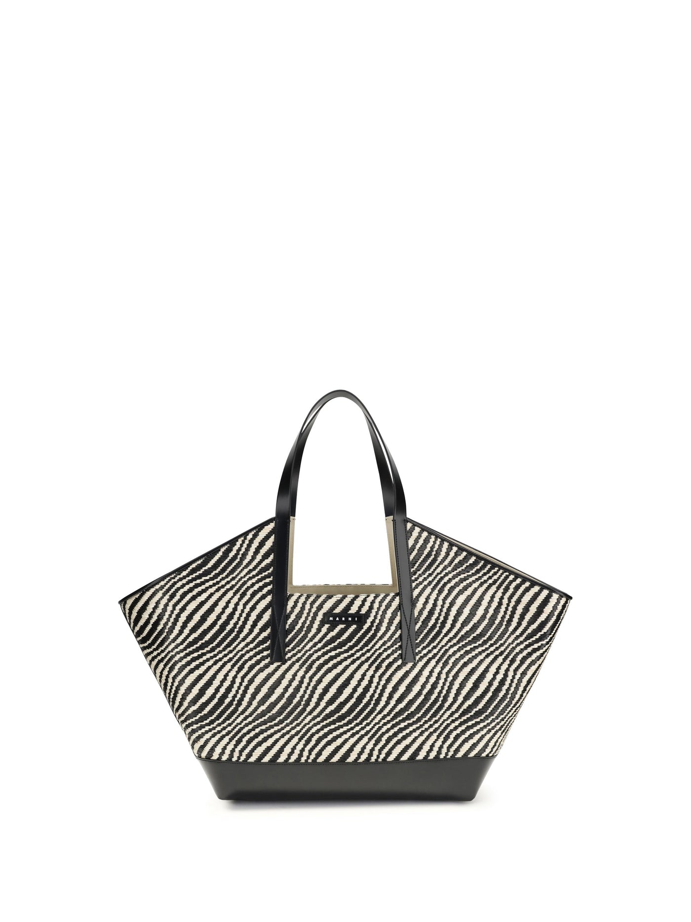 Marni Zebra-Striped Raffia-Effect Tote Bag — Black Polyamide; Polyester