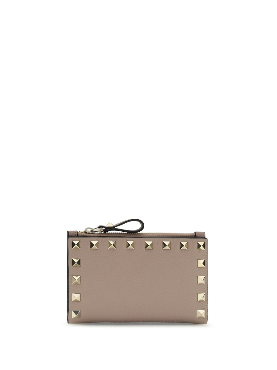 Valentino Garavani Rockstud Zip Wallet — Beige Calf Leather Bos Taurus