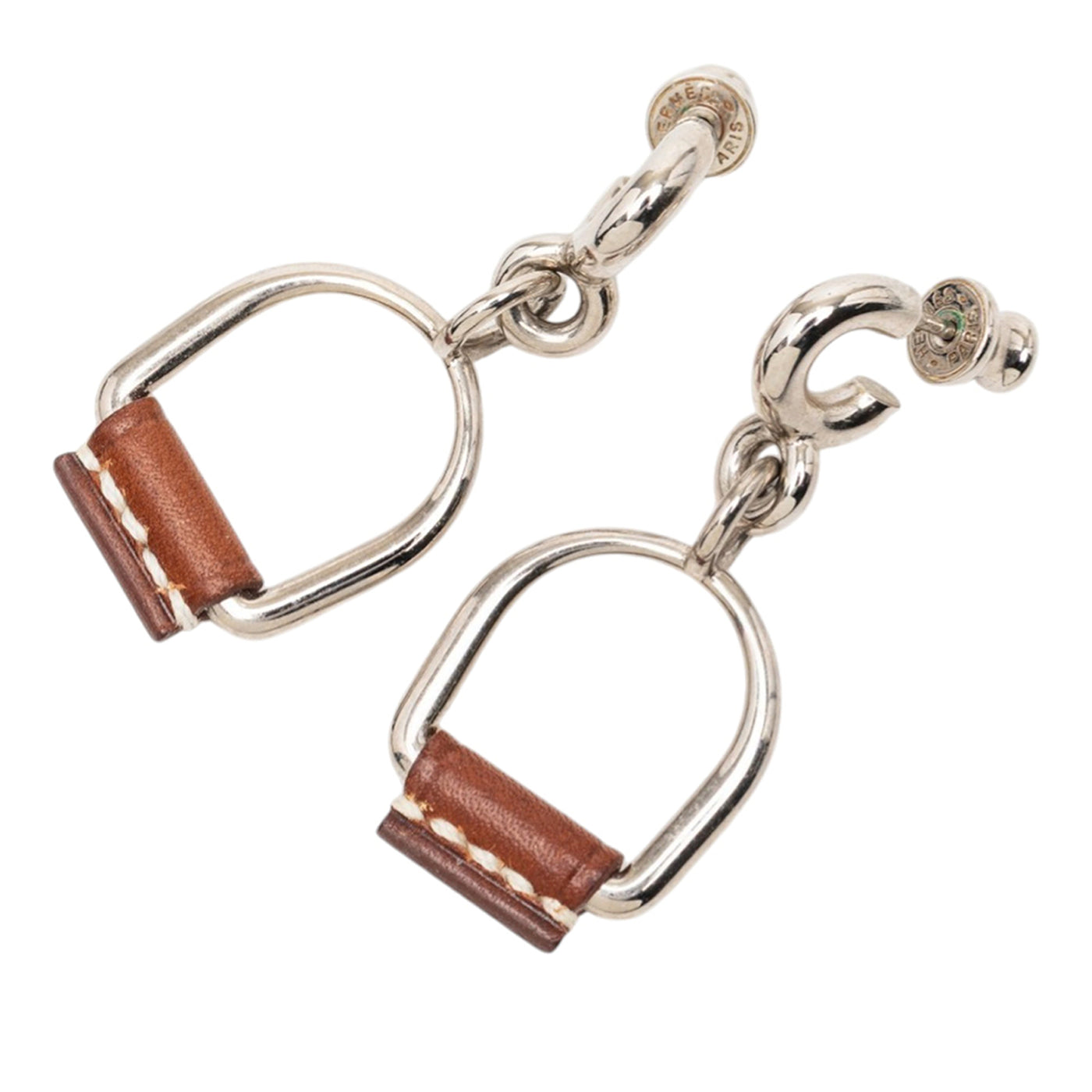Silver Plated and Swift Leather Equestre Etrier Push Back Earrings - Image 1